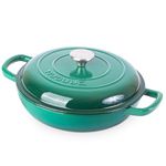 Shallow Cast Iron Casserole with Lid – Non Stick Dutch Oven Pot, Oven Safe up to 500° F – Sturdy Ovenproof Stockpot Cookware – Enamelled Cooking Pot – Dark Green, 2.3-Quart, 26cm – by Nuovva