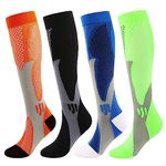 Kickticks 4 Pairs Compression Socks for Woman & Man Unisex 20-30mmHg Knee high Plus Size Wide Calves for Flying Running, Blue| Orange| Green| Black, Large-X-Large