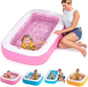 2 in 1 Inflatable Kiddie Pool and Tanning Pool for Kids and Adults, Shallow Rectangular Pool with Cushioned Floor, Handles and Drain 65"x39"x10" Pink