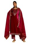 INDO ERA Women's Pink Velvet Embroidered Straight Kurta & Pant With Dupatta Set (IEOUT6667_XX-Large)