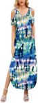 Gracyoga Maxi Dress for Women Casual Summer V Neck Cold Shoulder Short Sleeve Split Long Beach Dresses with Pockets, Tiedye01, XX-Large