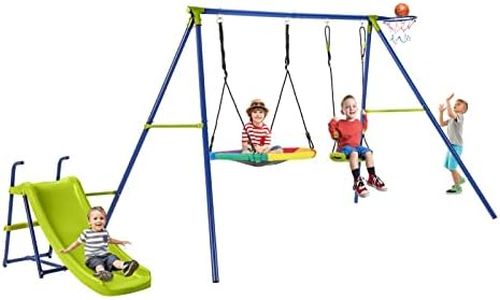 COSTWAY 4-in-1 Kids Swing Set, Metal Swing Stand with Double Swings, Basketball Hoop, Slide, Ladder, Children Backyard Playground Equipment for Garden Yard