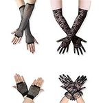 4 Pairs Fishnet Gloves, Floral Lace Gloves Black Gloves for Women, Fingerless Fishnet Gloves Mesh Gloves 80s Vintage Opera Gloves Elbow Gloves for Wedding Party Costume Accessories