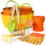 Kinderific Gardening Set, Tool Kit, for Kids, STEM, Includes Tote Bag, Spade, Watering Can, Rake, Fork, Trowel and Gloves (Pale Yellow)