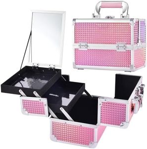 Vanity Case Makeup Box with Mirror Travel Organiser Beauty Box Portable Cosmetic Train Box Make Up Storage Case Lockable with Keys for Girls Women, Dazzle Pink