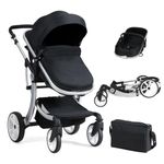 GYMAX Baby Stroller, Foldable Toddler Pushchair with Rain Cover, Mosquito Net, Storage Bag, Adjustable Backrest and Handle, Aluminum Alloy Pram Carriage for 0-3 Years Old Infant Kids (Black)