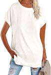 Zeraly Women's Round Neck Solid Color T-Shirt Side Slit Casual Short-Sleeved Summer Sports Tunic Top, White, Medium