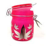 TMI Stash Jars Airtight Glass Storage Jar Medium 3.75inch Tall (Frosted Neon Pink/Silver Leaves)