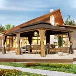 Domi 14x24FT Hardtop Gazebo, Permanent Wood Grain Metal Gazebo with Galvanized Steel Double Roof and Aluminum Frame, Curtain and Netting, Large Pavilion Gazebo, Wood Looking