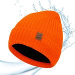 ACUSHLA Waterproof Windproof Cuff Beanie - Thick Fleece Lined Knit Winter Hat for Men & Women Warm Watch Cap for Cold Weather, Bright Orange, One Size