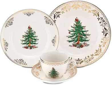 Spode Christmas Tree Gold 4-Piece Holiday Dinnerware Set - Fine Earthenware Tableware with 22K Gold Accents - Dinner Plate, Salad Plate, Teacup & Saucer - Festive Christmas Tableware, Dishwasher Safe