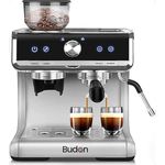 Budan Espresso Machine and Coffee Machine with Built-In Grinder,1 Year warranty, silver, comes with Steel Tamper and milk Pitcher, Cappucino and Latte Coffee Maker