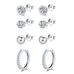 wynn's Silver Earrings for Women, 925 Sterling Silver Stud Earrings, Cubic Zirconia Small Sleepers Studs Hoops Earrings, 4mm Stud Earrings + 12mm Hoop Earrings, 4 Pairs Silver Earrrings set