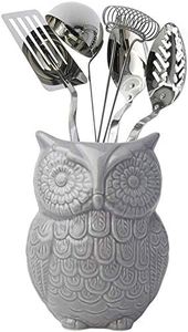 Comfify Owl Utensil Holder Decorative Ceramic Cookware Crock & Organizer, in Lovely Grey Color - Utensil Caddy and Perfect Kitchen Ceramic Décor Gift - 5” x 7” x 4” Size