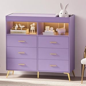 Jojoka Nursery Changing Table Dresser with LED Lighting and Charging Function, 6 Drawer Storage Dresser with 2 Open Compartments, Convertible Baby Diaper Station for Nursery and Bedroom Use