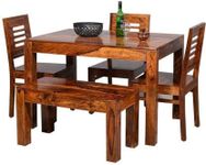 Furnifab Solid Sheesham Wood Dining Table 4 Seater, Dining Table Set with 3 Chairs & 1 Bench, Home Dining Room Furniture, Teak Wood Dining Table 4 Seater, Teak Finish