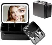 LUKYMIRO Travel Cosmetic Train Case with Removable Lighted Mirror, Portable Makeup Bag with LED Mirror, Makeup Storage Organizer with Sturdy Adjustable Dividers, 3 Color Lights, Black