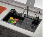 ARQUIN Premium 304 Grade 37" x 18" x 9" Waterfall Kitchen Sink Single Bowl with Integrated Waterfall and Pull Down Faucet, Fruit Baskets and with Complete Accessories Honeycomb Black Design