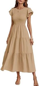 ECOWISH Womens Dresses Wedding Guest Cocktail Midi Ruffle Cap Sleeves Summer A-Line Casual Smocked Maxi Dress 297 Light Khaki Small