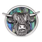 Talbot Fashions Tide Jewellery Inlaid Green Paua Shell Scottish Highland Cow Coo Brooch Pin