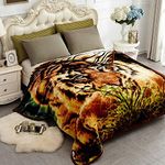 YHSF Korean Faux Mink Blanket 5 LB - 2 Ply Reversible Fuzzy Silky Super Warm and Cozy Plush Soft Embossed Blanket (Tiger, Queen)