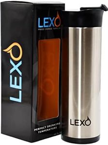 LEXO Temperature Regulating Smart Travel Mug - Flip Top Lid (Stainless Steel & Black, 16. oz.)