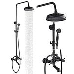 AlenArt Outdoor Shower Fixtures Matte Black Shower Faucet Set 8-Inch Rainfall Shower Head with Handheld Spray Tub Spout Double Cross Bathroom Wall Mounted