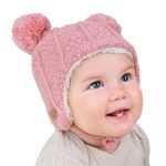 Jan & Jul Girls' Knit Winter Hat, Fleece Lined Beanie with Ear Flap for Babies (Pink Bear, Size S)