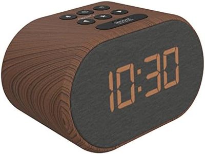 i-box Alarm Clocks Bedside, Radio Alarm Clock, Mains Powered or Battery, FM Radio, USB Charging Port, 5 Step Dimmable Display, Non Ticking, LED Display (Wood)