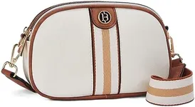 BOSTANTEN Small Crossbody Purse for Women Double Zip Cell Phone Leather Handbag with Colored Shoulder Strap Beige With Brown