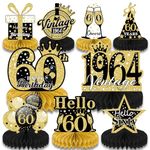 BYBOUS 9Pcs 60th Birthday Decorations Honeycomb Centerpieces for Women Man, Happy Birthday Table Toppers Party Supplies, Black Gold Anniversary Bday Table Decor