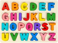 Kunmark Wooden Alphabet Puzzle ABC Jigsaws Chunky Letters Early Learning Toys for Kindergarten and Toddlers-est Educational Toy Preschool Learning, Spelling, Counting (Uppercase Letter)