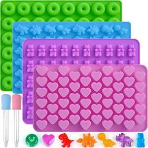Sakolla Gummy Candy Molds Silicone with 2 Droppers Pack of 4 Mini Silicone Molds Including Dinosaur, Bear Shape, Hearts and Donut Gummie Chocolate Molds for Kids
