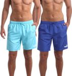 PUMA Men's Bathing Suit - 2 Pack Quick Dry Swimsuit Trunks with Mesh Compression Liner - 8" Inseam Swimwear (S-XL), Navy Bright/Blue Aqua, M