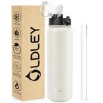 OLDLEY Stainless Steel Water Bottle with Straw 1L Vaccum Insulated Large Drink Flask Metal Water Bottles 1 Litre Leakproof Keep Drinks Hot Cold for Bike Sports Gym Adult Women Men(Cream, 1 Lid)