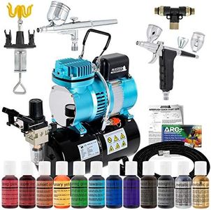 Master Airbrush Cake Decorating Airbrushing System Kit with 12 Color Chefmaster Food Coloring Set - G22 Gravity Feed, G76 Trigger 3 Cup Airbrush, Compressor with Air Tank, Holder, Guide Booklet