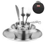 Camping Cutlery Set - ISFORU Stainless Steel Tableware Mess Kit Includes Plate Cup Fork Spoon, Dinner Set with Bag - Dinnerware Utensils Set for Outdoor Hiking and Picnic (For 1 with Round Bag)