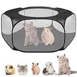 Small Animal Pet Playpen, Breathable Pet Cage Tent, Pet Playpen Portable with Zippered Cover, Transparent Yard Folding Play Pen for Guinea Pig, Rabbits, Hamster, Chinchillas and Hedgehogs, Black