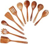 Mooues Wooden Spoons for Cooking, Wooden Utensils for Cooking Natural Teak Wooden Kitchen Utensils Set Comfort Grip (10 PCS SET)