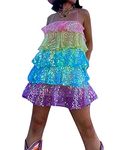 Acrawnni Women Sequin Glitter Layered Mini Dress Sleeveless Spaghetti Strap Sparkle Cake Dress A Line Flowy Mini Beach Dress Party Dress (A-Colorful, S)