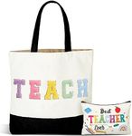 2 Pcs Teacher Appreciation Gift Set Rainbow Christmas Teacher Canvas Tote Bag with Makeup Bag Teacher Survival Kit Bag Xmas Graduation Gift (Letter)