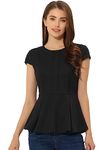 Allegra K Women's Elegant Round Neck Solid Color Workwear Cap Sleeve Peplum Blouse Top Black Large