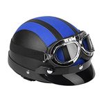 Vintage motorcycle helmet with glasses size, universal motorcycle scooter synthetic leather open face half helmet & visor UV glasses black(blue)