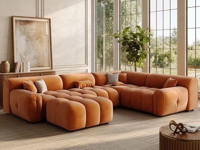 POVISON 135'' Oversized U-Shaped Sectional Sofa with Ottoman, Deep Seat Minimalist Mid Century Modern Couch, Extra Large Tufted Curved Sofa, Waterproof Corner Couches for Living Room, Orange