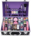 Bliss Makeup Case with Vegan Makeup Products – Complete Makeup Suitcase with Eyeshadow, Blusher, Lipstick, Eyebrow Wax and Powder, Brushes – Aluminum-Framed Makeup Case Organizer