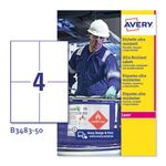 Avery B3483-50 Extra Strong Adhesive, Ultra Heavy Duty Industrial Waterproof Labels, 4 Labels Per A4 Sheet, White