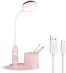 ALUOCYI Pink Kids Desk Lamp with Pen Holder, Rabbit Cute LED Desk/Table Lamp with Dimmable Natrue Light, USB Rechargeable and Funny Projector, Small Bedside lamp, LED lamp for Girls Bedrooms