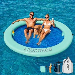 POROCOZY Water Hammock with Cup Holders, 12FT Round Inflatable Floating Ring Water Mat Lake Floats for Adults - Party, Tanning & Fun on Pool, Lake, River, Ocean Mint Green + Blue