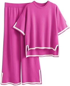 Tanming Sweater Sets Women 2 Piece Lounge Sets Short Sleeve Knit Pullover Tops Wide Leg Pants(RoseRed-S)