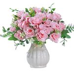 LESING Artificial Rose Silk Hydrangea Flowers Bouquets with Vase Rustic Fake Flowers for Home Decoration Table Centerpiece (Pink)